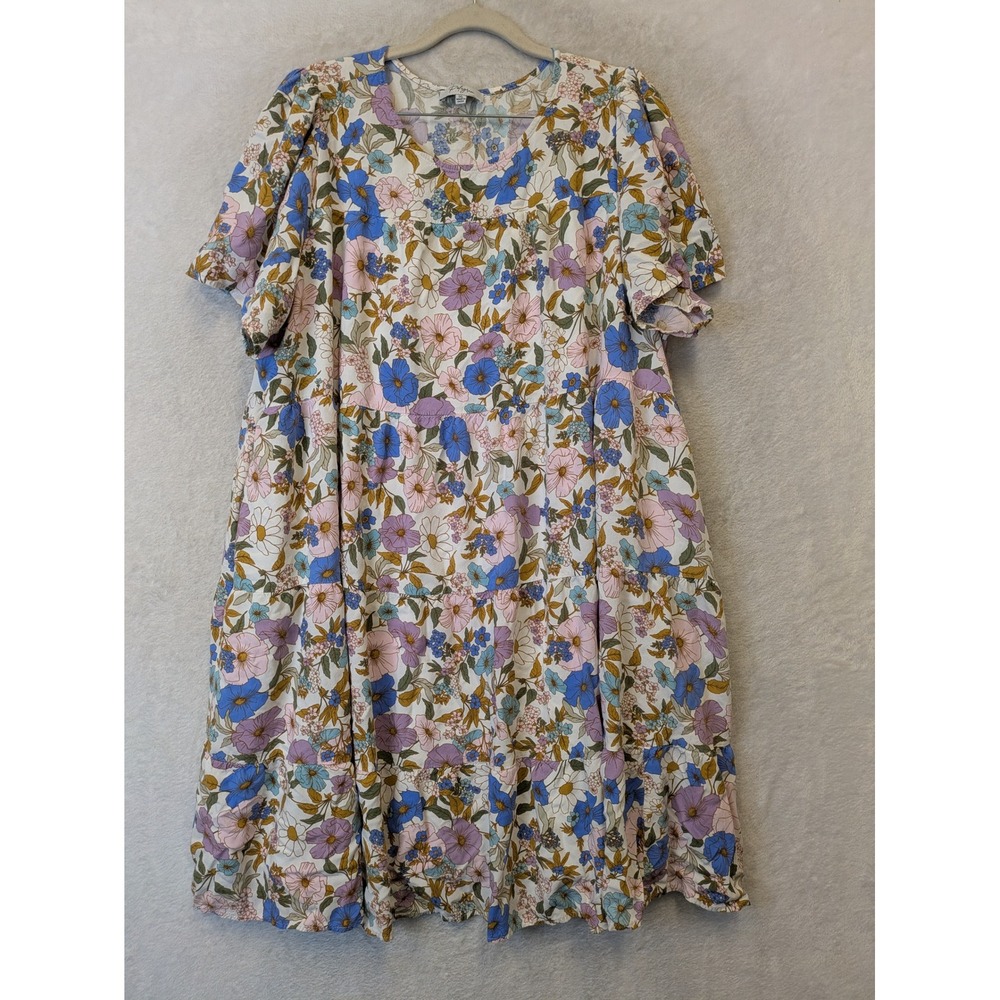 Polagram Tiered Dress Women's 1XL Multi Floral V-Neck Short Sleeve